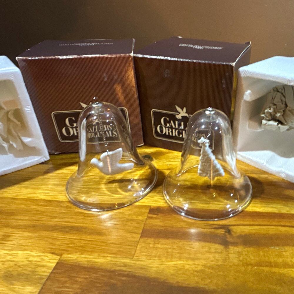 Avon Gallery Originals Crystal Bell Set (2)w/white porcelain dove and tree 1984